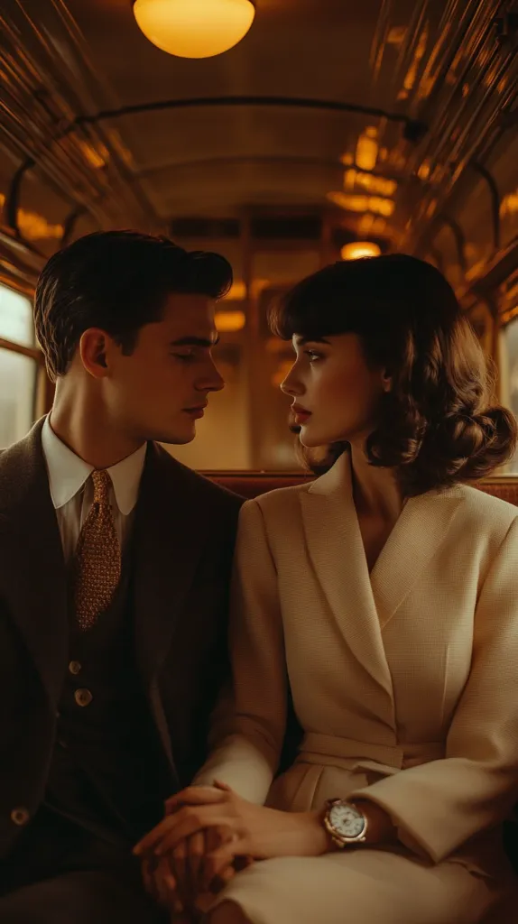 A stylish couple sits intimately close on a vintage train carriage.  The man, in a dark suit and patterned tie, gazes lovingly at the woman beside him. She wears a sophisticated cream-colored coat and a classic wristwatch. The warm, dimly lit interior of the train creates a nostalgic and romantic atmosphere. Their hands are clasped together, symbolizing their connection.