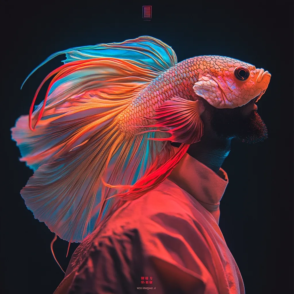 A vibrant digital artwork depicts a person's head seamlessly blended with a betta fish.  The fish's radiant, multi-hued fins—ranging from teal and orange to fiery red—flow dramatically. The person's face is partially obscured, with their neck and shoulders clothed in a red garment, creating a striking contrast against the dark background.  The image possesses a surreal and artistic quality.