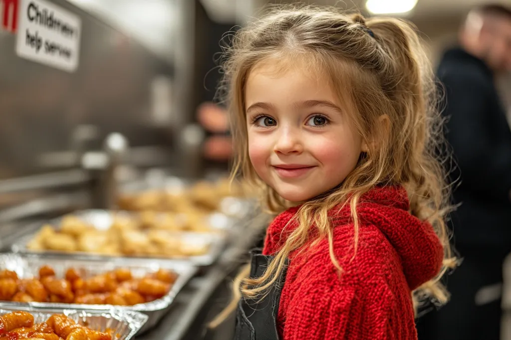 A young girl with long blonde hair, wearing a red knitted sweater, smiles at the camera.  She's standing in a food service area, with trays of food, possibly chicken, blurred in the background.  A sign reading "Children's help serve" is partially visible. The setting appears to be a community kitchen or charity event.