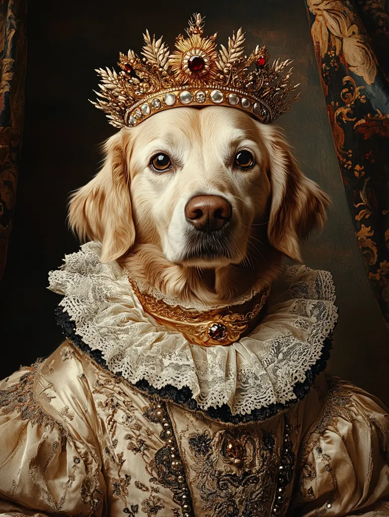 A Golden Retriever is depicted in a regal portrait, adorned in a lavish gold crown and an ornate, cream-colored gown with intricate lace detailing. The dog's pose and attire evoke a sense of royal authority and elegance, reminiscent of classical portraiture.  The rich textures and dark background enhance the opulent feel. The image skillfully blends pet portraiture with the aesthetic of historical paintings.