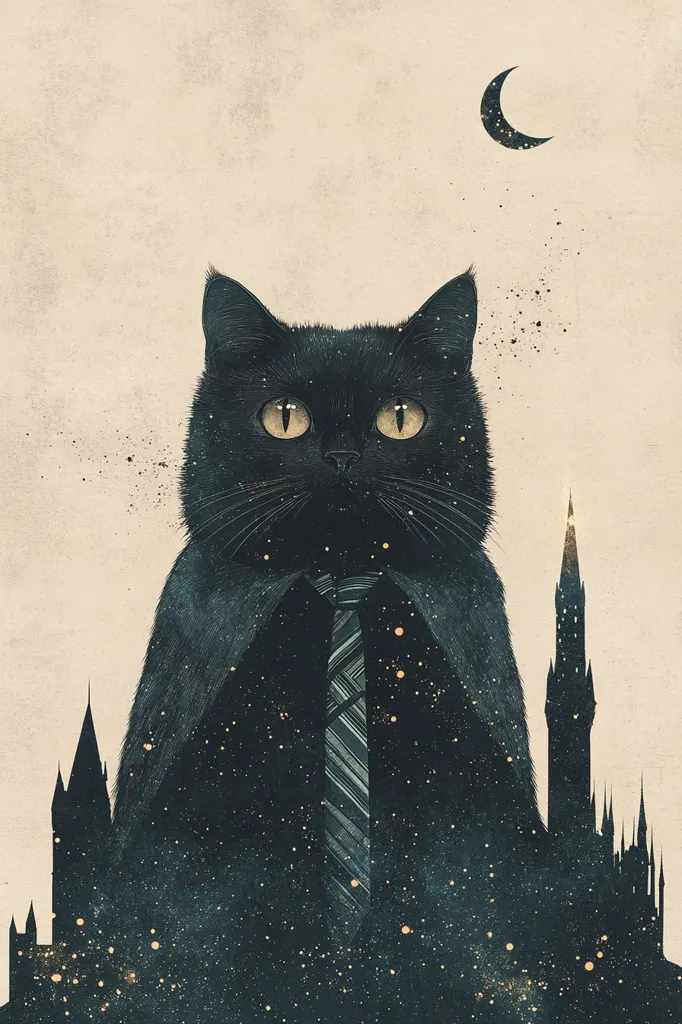 A stylized illustration depicts a black cat, wearing a dark cape and tie, against a backdrop of a castle silhouetted against a cosmic sky. The cat's piercing yellow eyes command attention.  A crescent moon hangs in the upper right corner, adding to the mystical ambiance. The overall style is dark, whimsical, and slightly surreal.