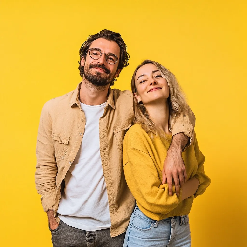 A happy couple stands close together against a vibrant yellow background.  The man, wearing glasses and a tan shirt over a white t-shirt, has his arm affectionately around his partner. She's smiling brightly, dressed in a mustard yellow sweater and light blue jeans.  Their relaxed posture and joyful expressions convey a sense of warmth and connection.