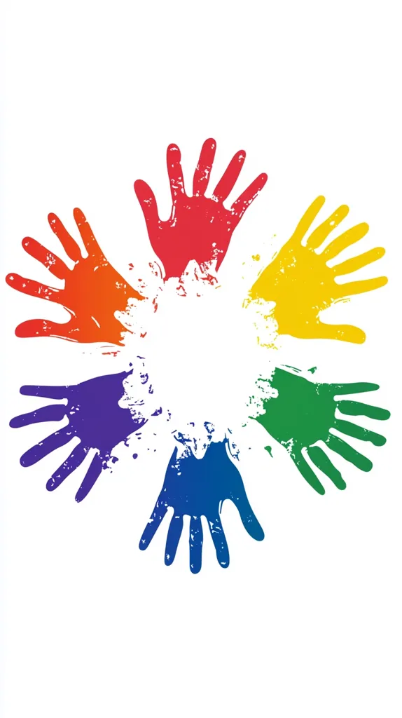 Six brightly colored handprints arranged in a circle on a white background.  Each handprint is a different color of the rainbow, creating a vibrant and symbolic image. The handprints are slightly overlapping, suggesting unity and togetherness.  The central white space implies inclusivity and possibility.