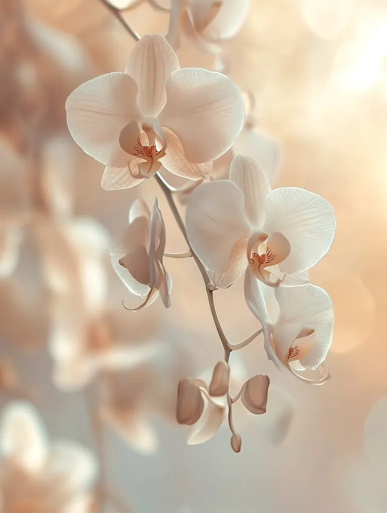 A close-up shot showcases delicate, pale blush-colored orchids in soft focus.  The blossoms are elegantly arranged along a slender stem, their petals exhibiting a subtle, creamy texture.  The background is a blurred, warm, and ethereal light, enhancing the orchids' gentle beauty. The overall impression is one of serenity and natural grace.