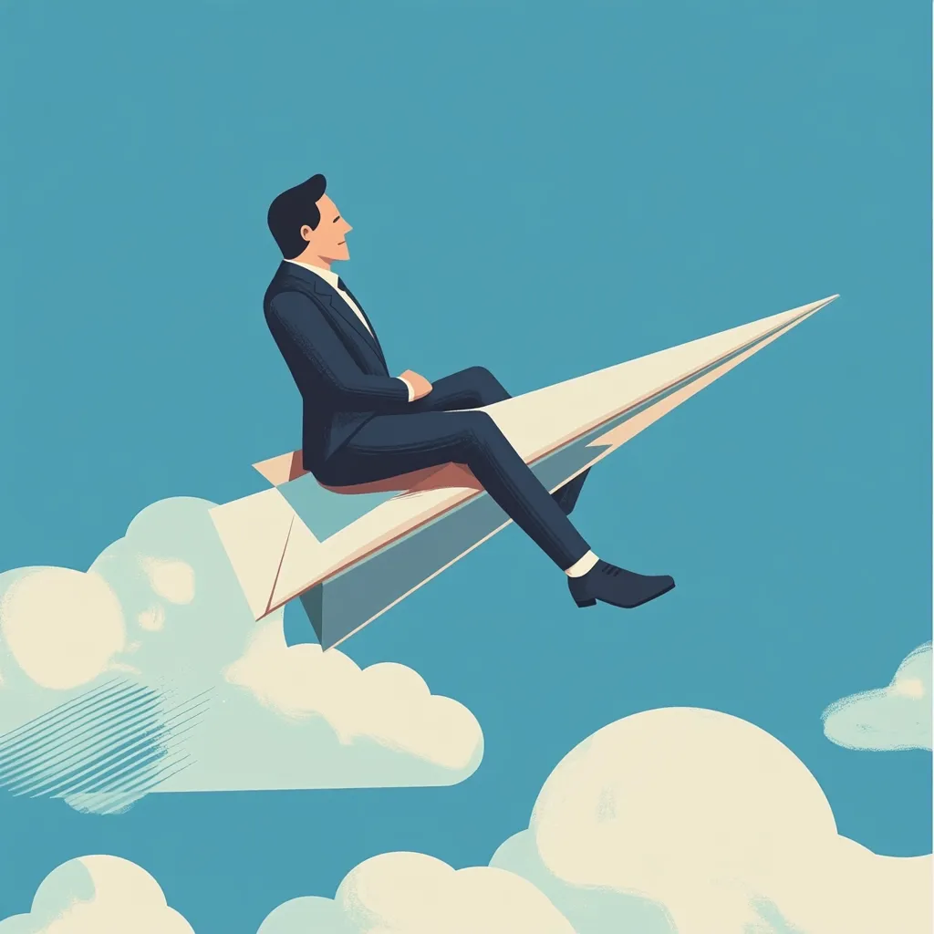A stylized illustration depicts a businessman seated on a large paper airplane soaring through the sky above fluffy clouds.  He is dressed in a dark suit and appears relaxed, gazing towards the horizon. The scene suggests ambition, success, and a journey towards a bright future, using a whimsical visual metaphor.  The art style is clean and modern, with a bold color palette.