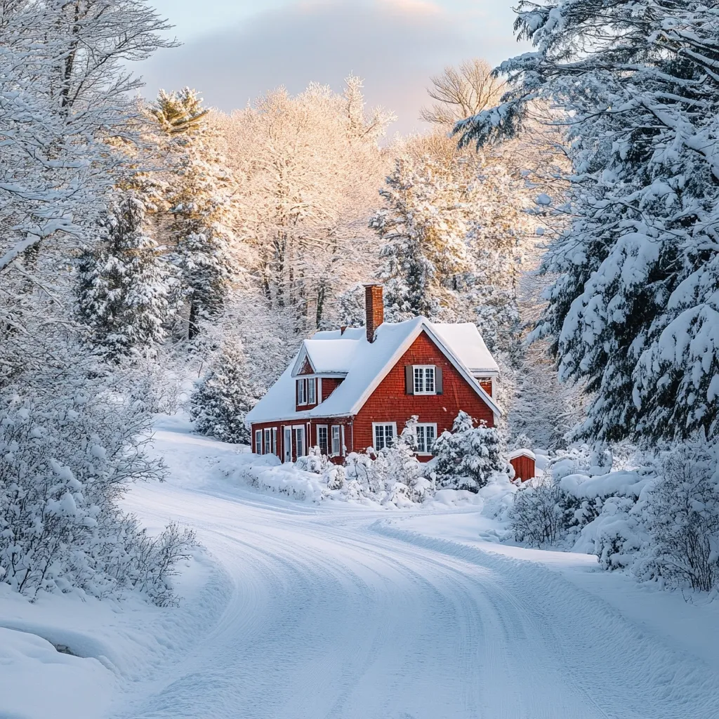 A vibrant red house sits nestled in a snow-covered landscape.  The house, adorned with a thick blanket of snow on its roof, stands amidst snow-laden trees. A winding path, showing tire tracks in the snow, leads towards the charming dwelling.  The scene is bathed in the soft light of a winter sunrise, creating a serene and picturesque winter wonderland.