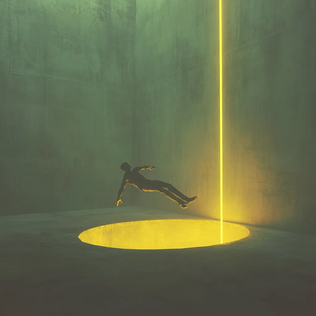 A stylized illustration depicts a man in mid-air, seemingly falling towards a glowing yellow pit in a dark, concrete room.  A bright yellow beam of light descends from above, illuminating the pit and the man's silhouette. The overall mood is mysterious and suggestive of a surreal or dreamlike state.  The muted greens and yellows create a haunting atmosphere.