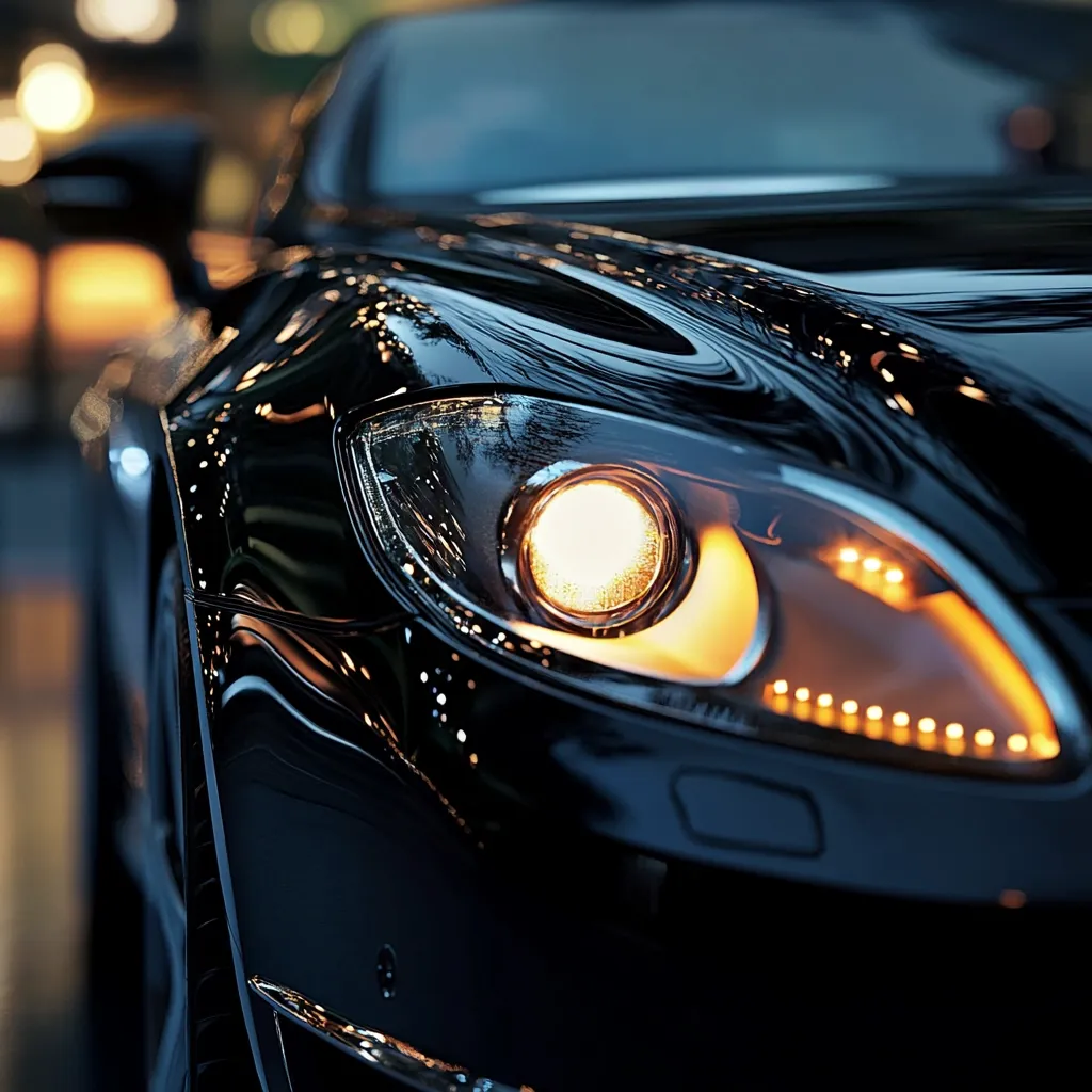 Close-up view of a sleek, black luxury car's headlight illuminated at night.  The headlight is intensely bright, contrasting with the dark, glossy bodywork.  The blurred city lights in the background suggest an urban setting.  The image emphasizes the car's sophisticated design and high-quality finish. The focus is sharply on the headlight and surrounding details, creating a sense of depth and luxury.