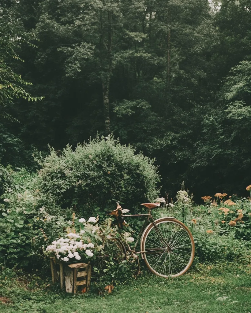 A vintage bicycle rests in a lush, overgrown garden.  White flowers spill from a rustic wooden box at its base.  The scene is framed by a dense, verdant forest backdrop, creating a tranquil and idyllic atmosphere.  The overall mood is one of peaceful serenity and natural beauty.