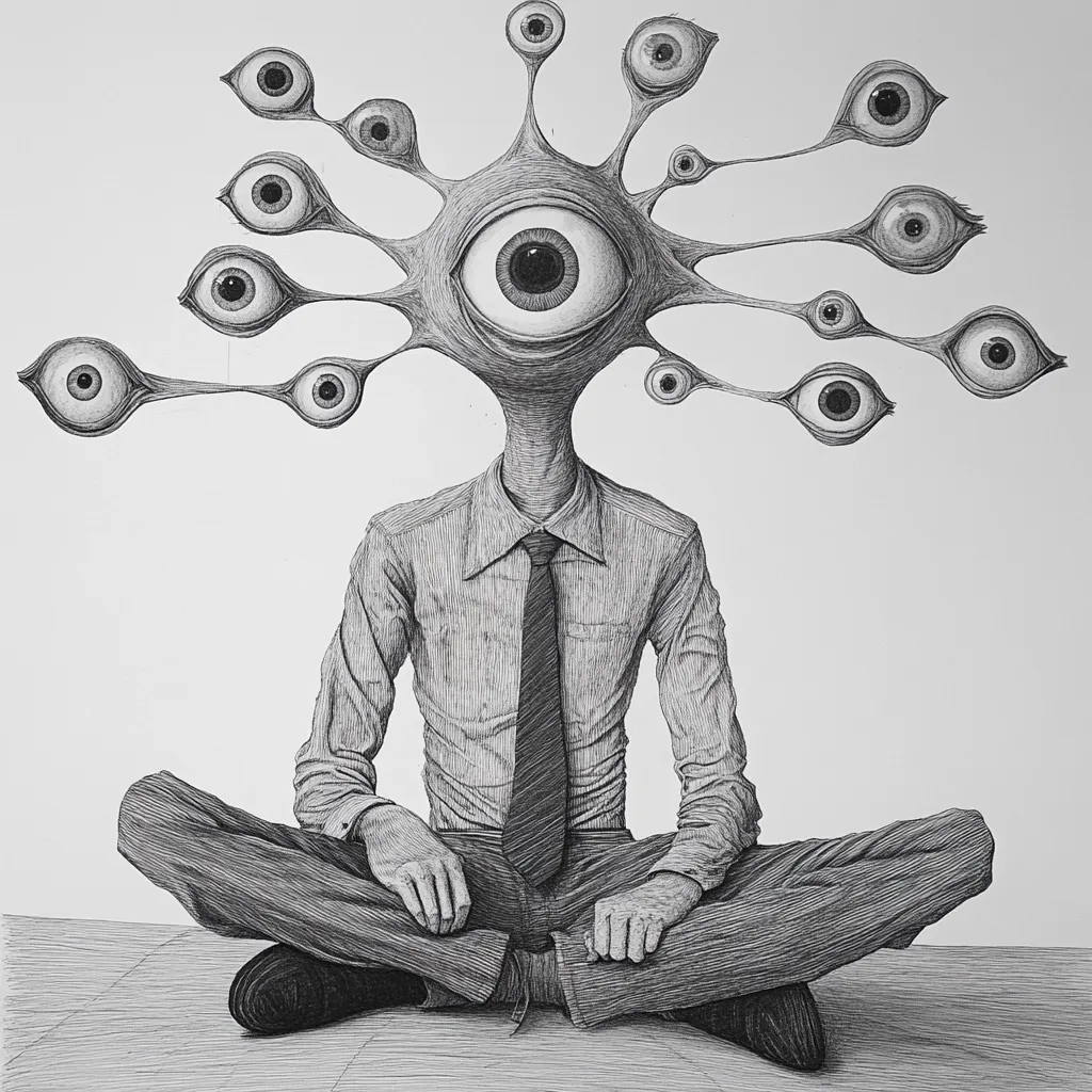 A monochrome pen-and-ink drawing depicts a surreal figure.  The figure is seated cross-legged, dressed in a collared shirt and tie, yet its head is a grotesque mass of interconnected eyes, a central large eye dominating the cluster.  The overall style is detailed and unsettling, creating a sense of unease and the uncanny. The contrast between the formal attire and the monstrous head heightens the disturbing effect.