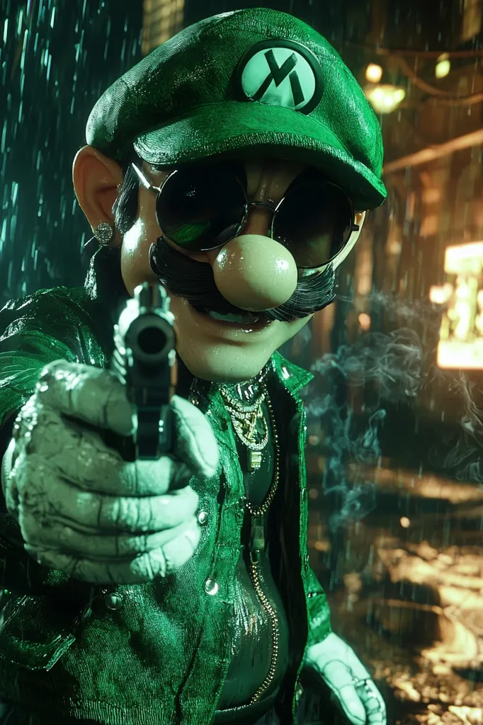 A digital rendering depicts a stylized Luigi, the character from the Mario franchise, transformed into a gangster.  He wears a green jacket, cap, sunglasses, and gold chains, aiming a handgun in a rain-soaked, dimly lit city alley.  The image has a gritty, cinematic feel, contrasting Luigi's familiar appearance with a hardened, criminal persona.