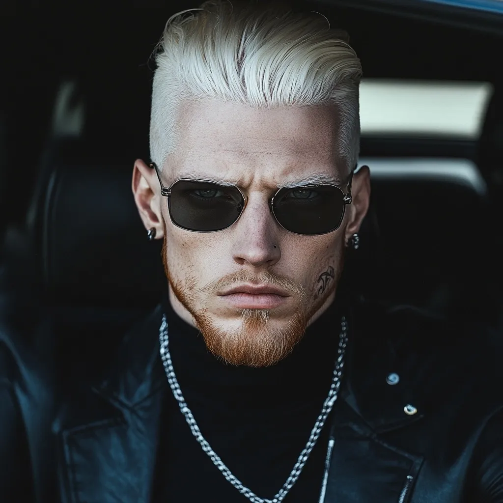 A young man with platinum blonde hair and a short, well-groomed beard sits in a car. He wears dark square sunglasses, a black turtleneck, and a dark leather jacket.  A silver chain hangs around his neck. His expression is serious and intense, his gaze directed straight ahead.  A small tattoo is visible on his cheek.