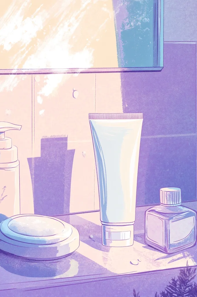 A pastel-colored illustration depicts a bathroom vanity with toiletries bathed in sunlight.  A tube of cream, a small bottle, a pump soap dispenser, and a round soap dish are arranged on the counter.  The scene is serene and minimalist, with soft purple and light peach hues dominating the color palette. The light creates soft shadows on the counter.