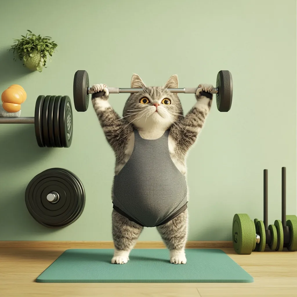 A gray tabby cat, dressed in a gray singlet, is shown powerfully lifting a barbell in a home gym setting.  The cat's determined expression and strong posture are humorous.  The background includes various weights and a yoga mat, enhancing the fitness theme.  The overall image is lighthearted and whimsical.