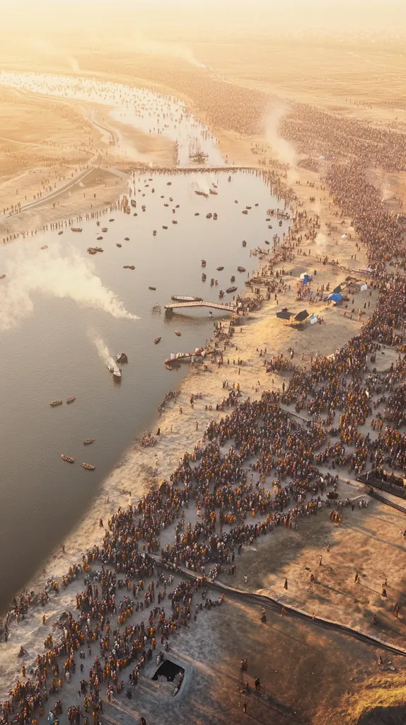 An aerial view captures a massive gathering of people along a riverbank.  Thousands are densely packed, extending along the sandy shore and into the water in small boats.  A bridge crosses a section of the river, and smoke plumes rise from the water, possibly from boats or ceremonies. The scene suggests a large-scale religious or cultural event, possibly a pilgrimage.  The golden light of either sunrise or sunset bathes the landscape.