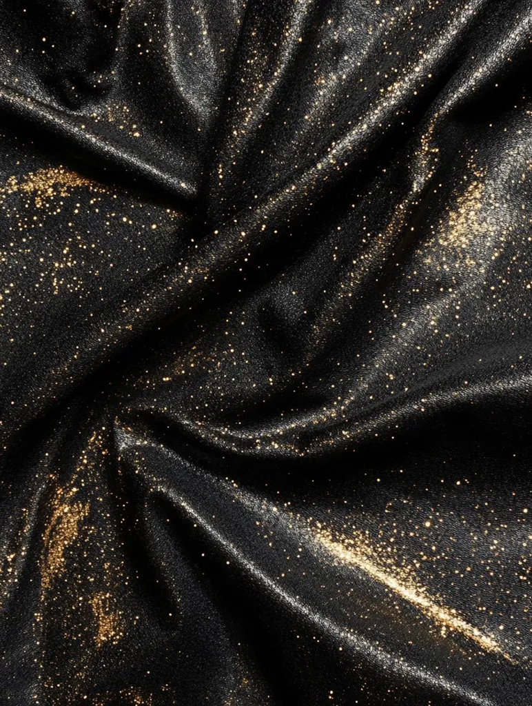 Close-up view of a luxurious, black fabric adorned with gold glitter. The fabric is draped in soft folds, creating a dramatic and elegant texture.  The gold sparkles are scattered across the dark surface, giving it a celestial or night sky effect.  The image highlights the rich, shimmering quality of the material.