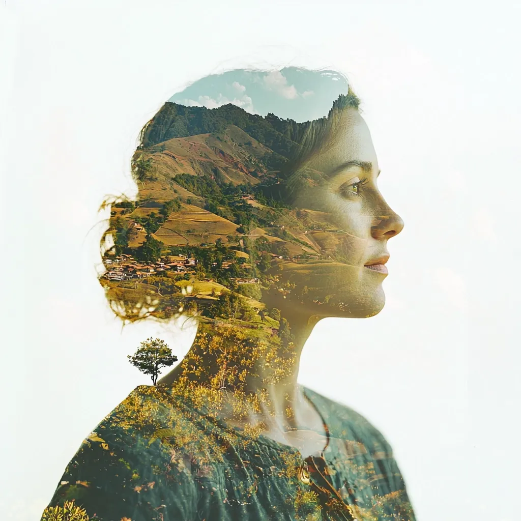 A double exposure photograph seamlessly blends the profile of a woman with a picturesque landscape.  Rolling hills, a small village, and lush vegetation are superimposed onto her head and shoulders, creating a harmonious visual metaphor for connection with nature. Her serene expression complements the peaceful scene within her, suggesting inner tranquility and a deep bond with the environment. The overall effect is both artistic and evocative.
