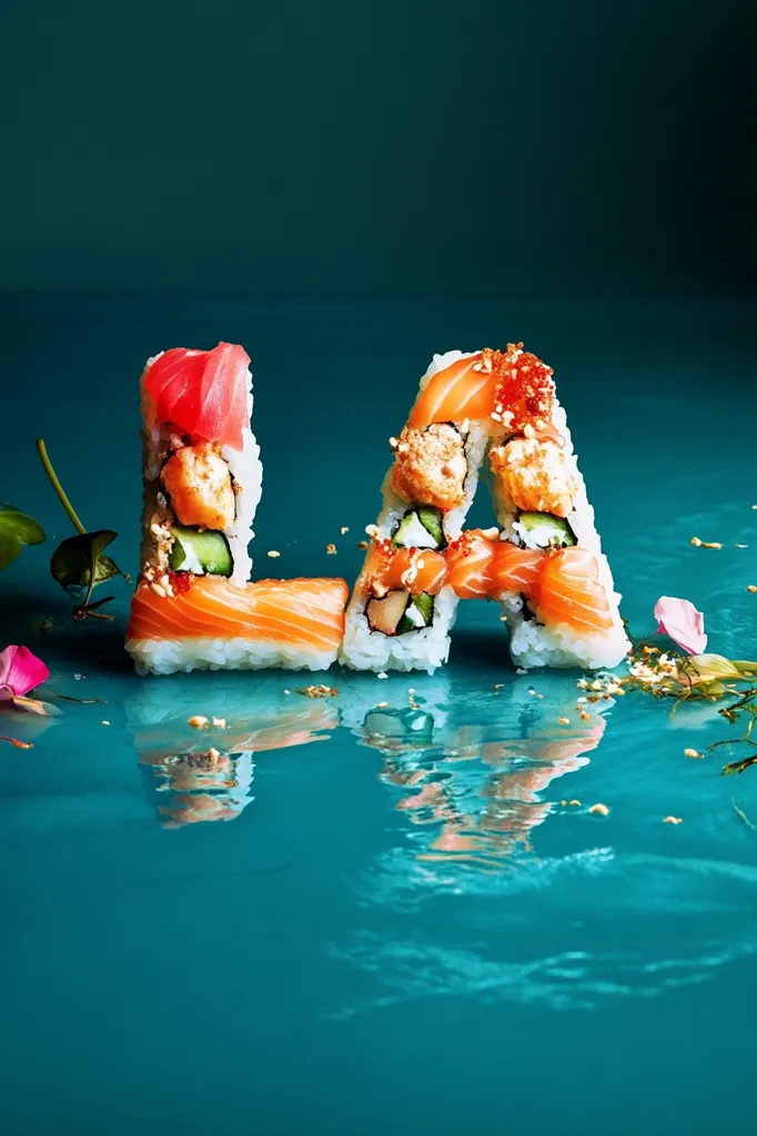 Sushi pieces artfully arranged to spell out "LA" on a teal surface.  The letters are composed of various types of sushi, including salmon, tuna, and other fish, creating a vibrant and visually appealing display.  The reflection of the sushi in the glossy surface adds to the image's aesthetic.  Small floral elements and scattered sesame seeds complement the scene.