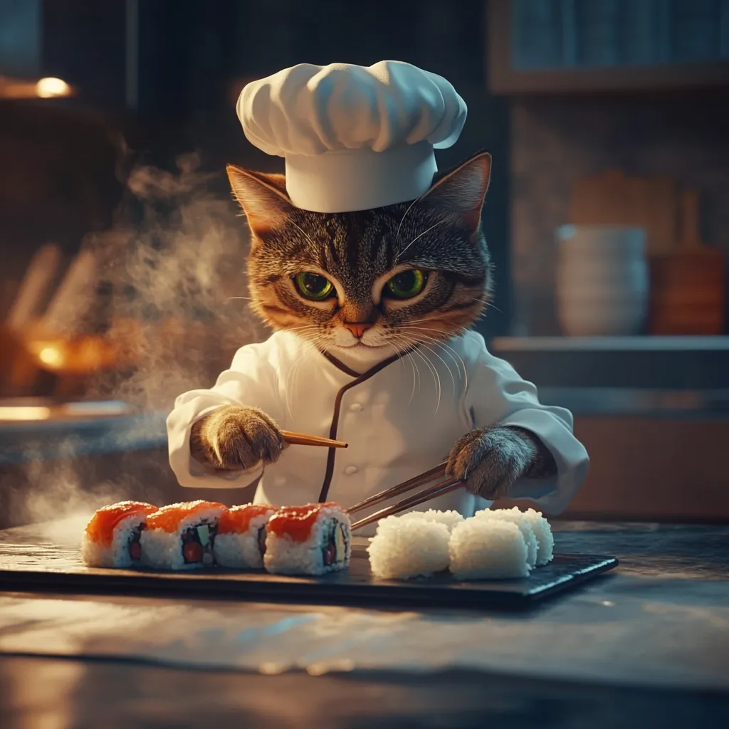 A tabby cat, dressed in a chef's hat and uniform, meticulously prepares sushi.  Steam rises from the freshly made rolls as the cat uses chopsticks to arrange the pieces.  The scene is set in a dimly lit kitchen, enhancing the dramatic and humorous effect of the feline chef.  The cat's focused expression adds to the overall playful image.