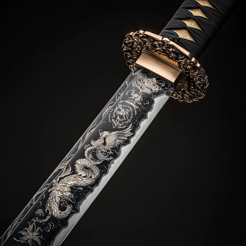 Close-up of an intricately designed katana.  The blade features etched silver detailing of a dragon and phoenix, amidst swirling patterns.  The ornate bronze-colored habaki (sword collar) is richly detailed.  The black saya (scabbard) is wrapped in black cord. The overall aesthetic is elegant and dramatic against the dark background.