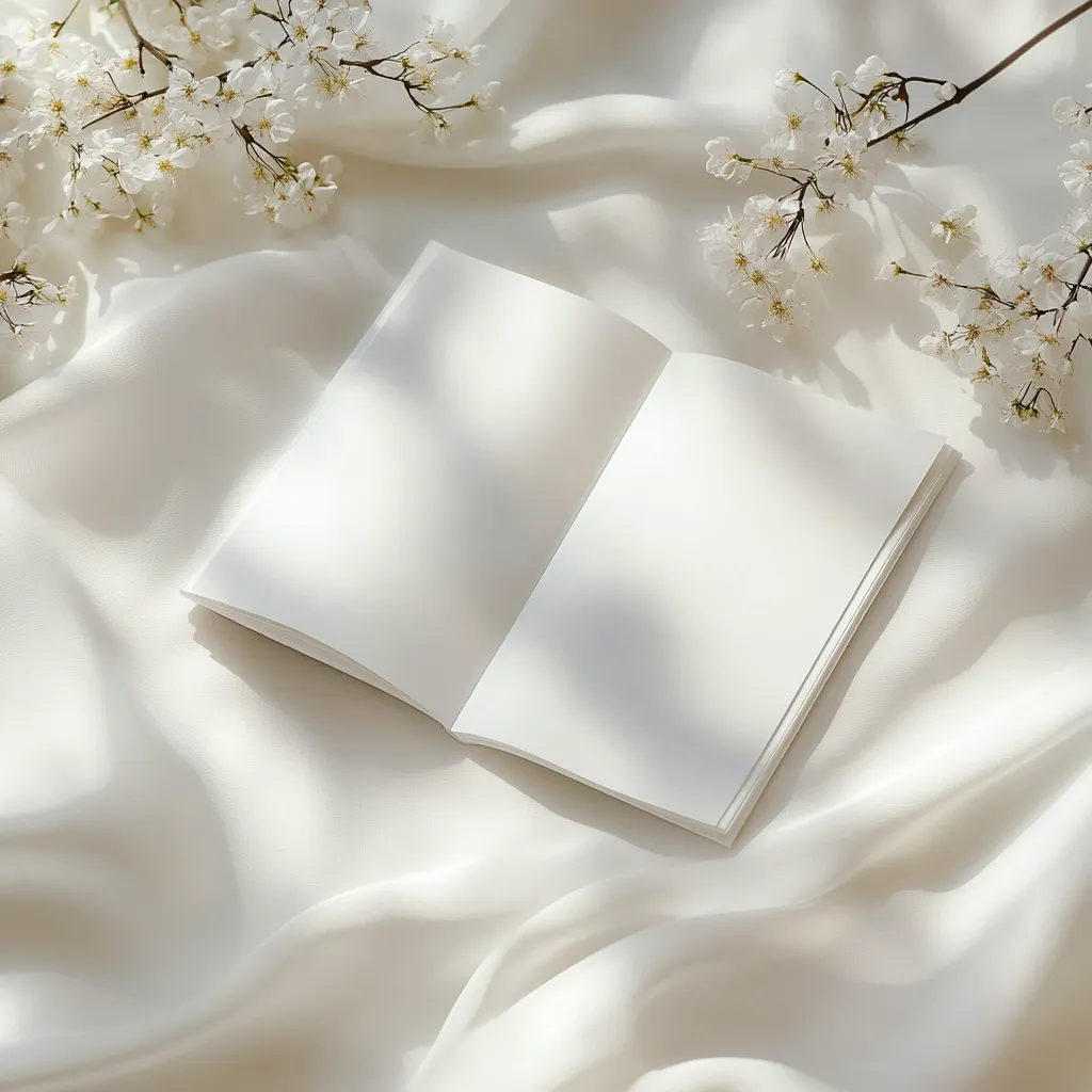 A blank notebook rests open on a creamy white silk fabric.  Delicate white cherry blossoms branch across the scene, casting gentle shadows. The overall aesthetic is minimalist and serene, suggesting calmness and tranquility. The soft light enhances the smooth texture of the fabric and the delicate blooms.