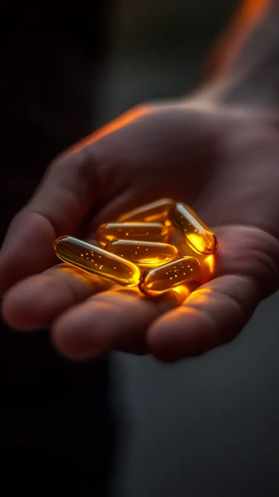 A close-up shot shows a person's hand gently cupping several translucent, amber-colored capsules.  The pills are illuminated from below, creating a warm, glowing effect. The dark background emphasizes the hand and the pills, creating a dramatic and visually striking image.  The overall mood is one of health and wellness.