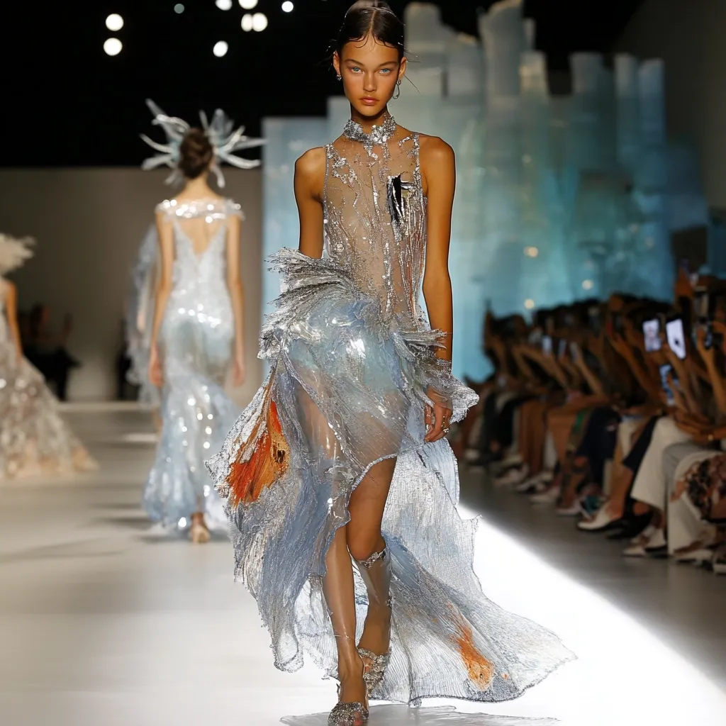 A model gracefully walks the runway in a breathtaking, sheer, light-blue gown.  The dress features intricate embellishments and a flowing, ethereal train, reminiscent of ocean waves.  Subtle hints of orange add depth to the design. Other models in similar, elegant gowns are visible in the background, creating a cohesive and captivating fashion show scene.