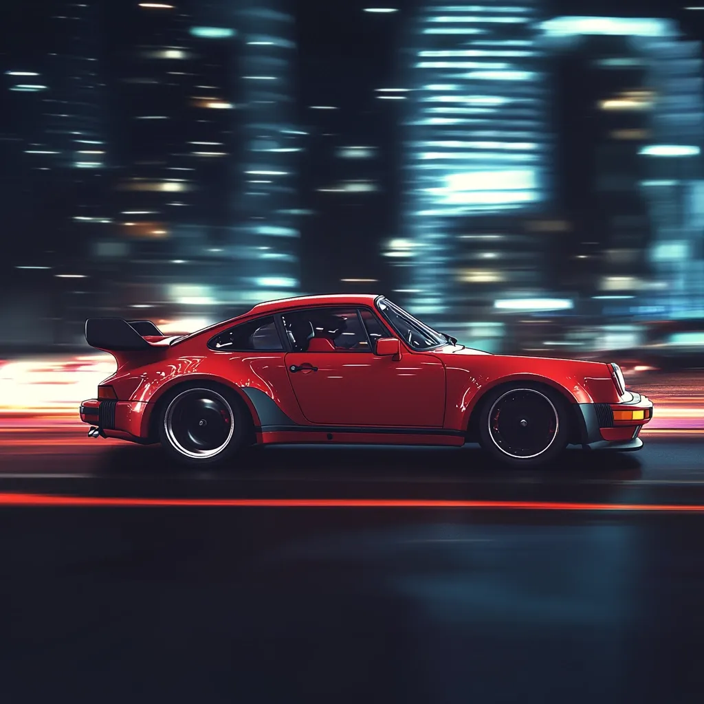 A vibrant red classic Porsche 911 Turbo (930 generation) speeds through a city at night.  The motion blur emphasizes the car's velocity as it navigates the brightly lit urban landscape. The sleek lines of the sports car are highlighted against the backdrop of blurred city lights and buildings.  The image evokes a sense of speed, power, and nostalgia.