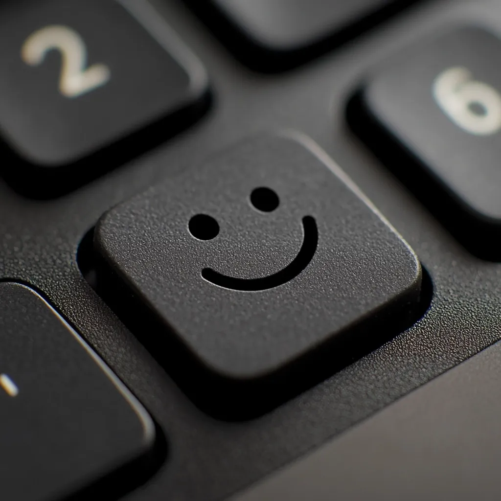 Close-up view of a dark-grey keyboard with a single key featuring a smiling face symbol.  The key is centrally focused, emphasizing the simple emoticon.  The surrounding keys are blurred, drawing attention to the happy face button. The image suggests a concept of positive feedback or user satisfaction.