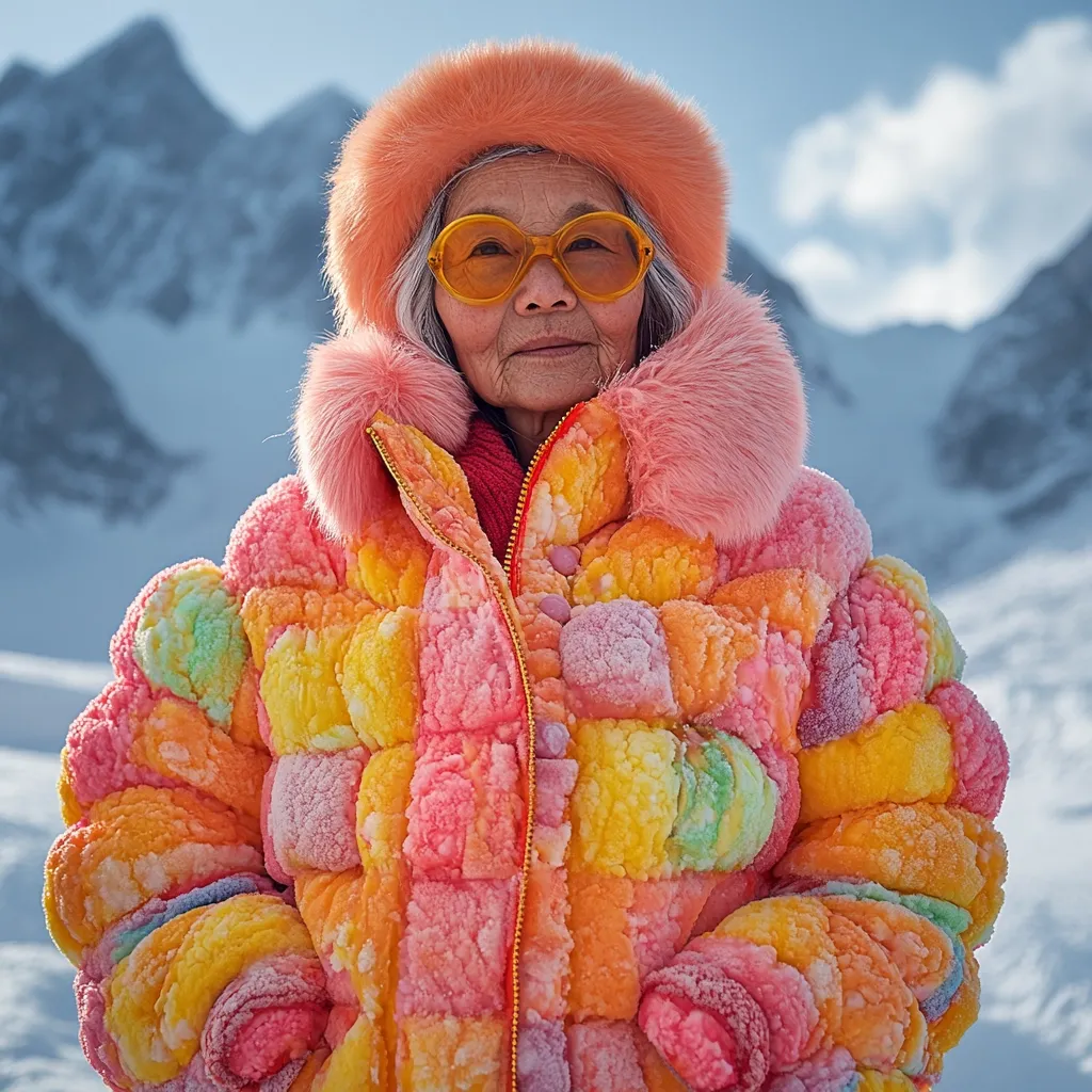 An elderly woman with gray hair, wearing bright orange sunglasses and a matching fluffy hat, stands against a snowy mountain backdrop.  She sports a vibrant, pastel-colored puffer jacket, seemingly frosted with snow, creating a candy-like effect. The contrast between her cheerful attire and the stark winter landscape is striking.