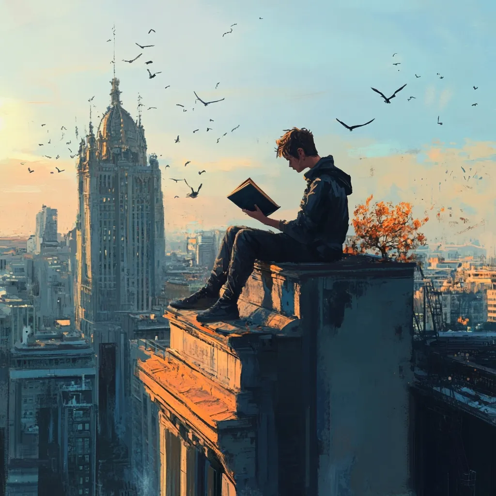 A young person sits perched atop a city building, engrossed in a book.  Birds fly across a pastel sunset sky above a sprawling cityscape.  The scene is serene, yet hints at urban decay with the aged architecture and muted colors.  A small tree adds a touch of nature to the otherwise concrete landscape. The overall mood is one of quiet contemplation and solitude amidst the bustling city below.
