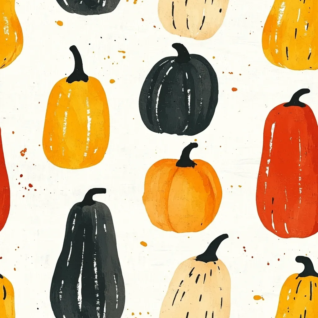 A seamless pattern features a variety of stylized pumpkins in autumnal colors.  Dark gray, orange, light beige, and red pumpkins are arranged against a textured off-white background speckled with paint splatters. The pumpkins are depicted in a hand-painted style with visible brushstrokes, creating a rustic and charming aesthetic.  The design is ideal for fall-themed projects.