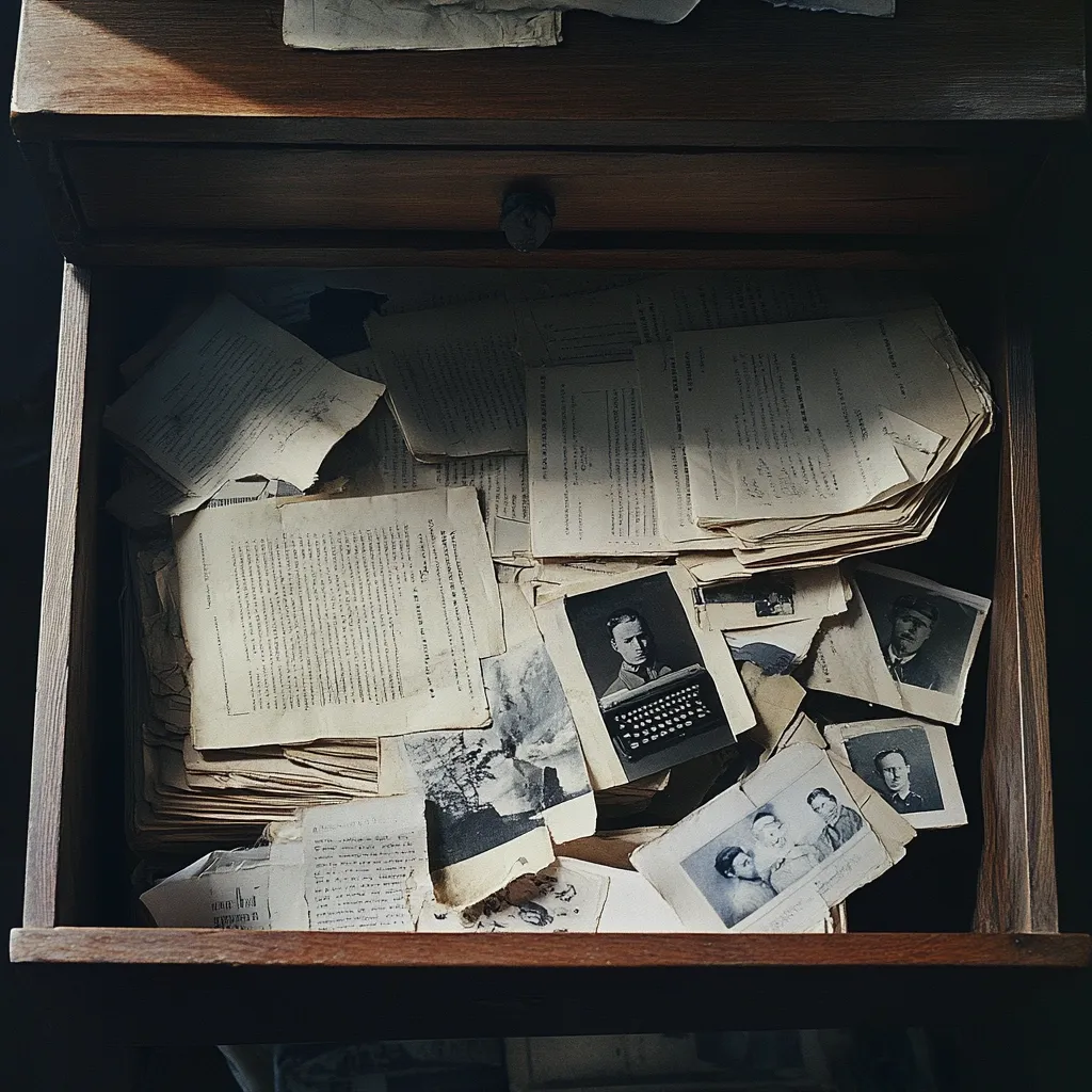 An antique wooden drawer overflows with aged papers and black and white photographs.  The documents are crumpled and worn, showing handwritten notes and typed text.  The photos depict individuals, possibly family members, from a bygone era, some with vintage typewriters.  The overall impression is one of forgotten memories and a treasure trove of history.