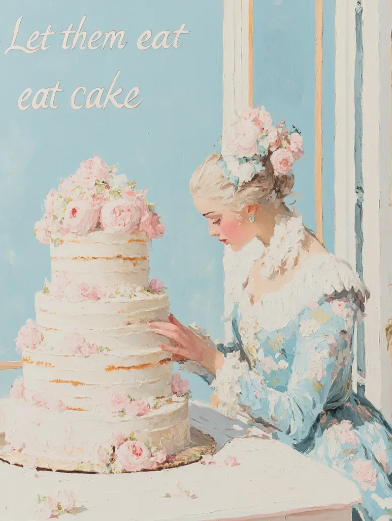 A painting depicts a young woman in a light blue floral dress, delicately interacting with a large, tiered wedding cake adorned with pink roses. The scene is set against a pale blue background with a window frame.  The phrase "Let them eat cake" is superimposed, adding a layer of ironic commentary. The overall style is reminiscent of impressionistic painting, with visible brushstrokes and a soft, romantic feel.