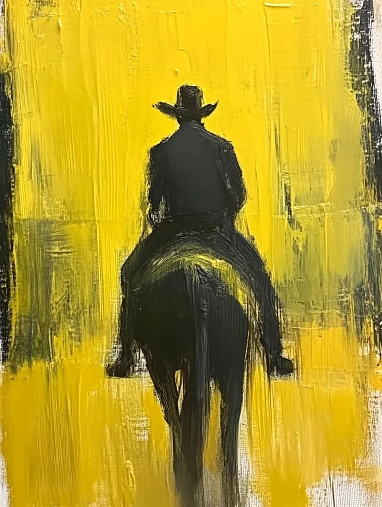 A bold, impressionistic painting depicts a lone cowboy on horseback, silhouetted against a vibrant yellow background.  The artist uses thick, impasto brushstrokes to create texture and movement, emphasizing the figure's solitary journey. The stark contrast between the dark figure and the bright yellow landscape conveys a sense of isolation and the vastness of the open space.  The style is expressive and evocative, capturing a feeling more than precise detail.