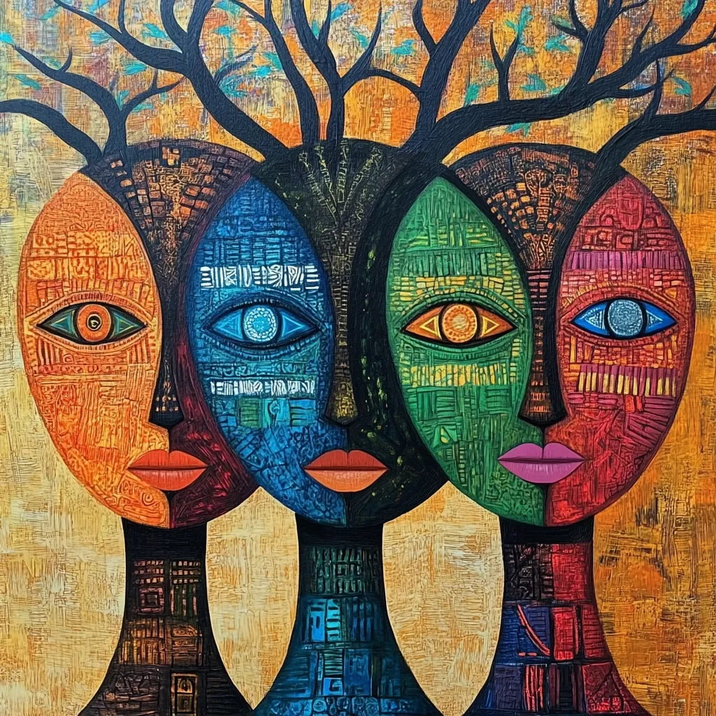 A vibrant, stylized artwork depicts three interconnected faces, each a unique blend of orange, blue, and green hues.  Their features are detailed with intricate patterns and symbols, suggesting a cultural or spiritual significance.  A central, dark tree-like form unites them, branching out above, creating a unified whole. The overall texture is richly layered, hinting at a mixed-media approach. The painting's bold colors and symbolic imagery create a powerful and visually captivating piece.