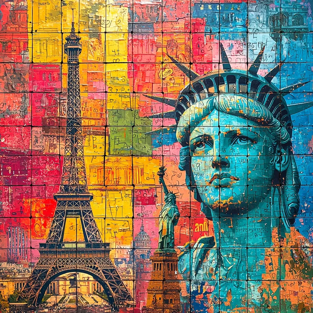 A vibrant, multicolored artwork depicts the Eiffel Tower and the Statue of Liberty, juxtaposed against a backdrop of fragmented images and scribbled text.  The style is reminiscent of a collage or mosaic, with the iconic landmarks rendered in a textured, almost distressed aesthetic.  Bright yellows, reds, and blues dominate the color palette, creating a visually striking and energetic composition. The overall effect is one of global cultural blending and artistic expression.