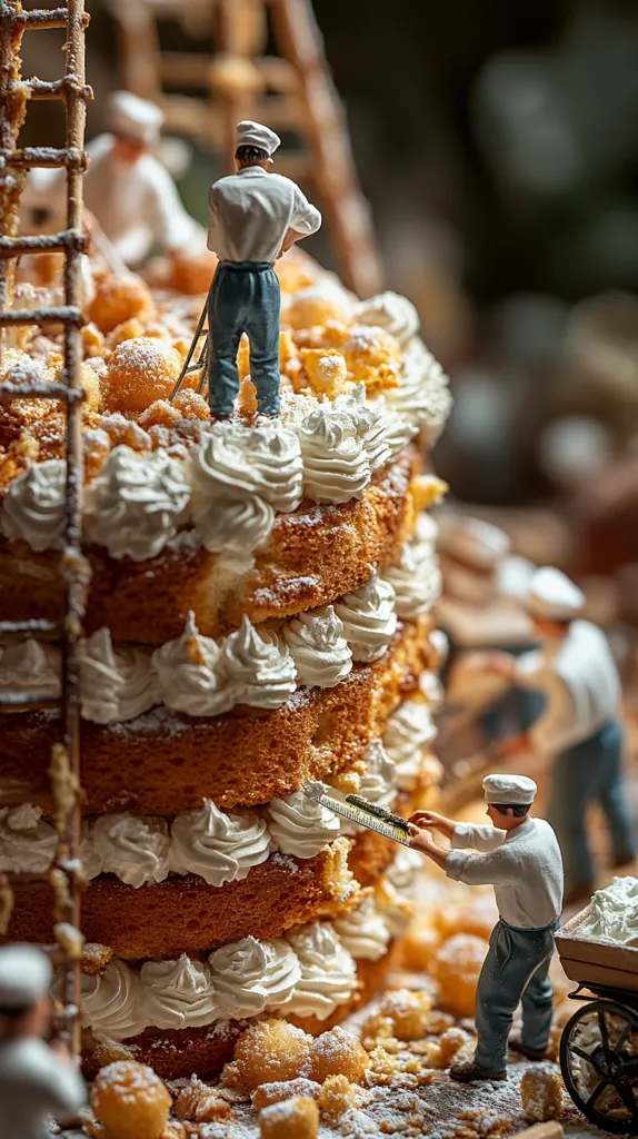 Miniature bakers meticulously construct a towering layer cake.  The cake is adorned with whipped cream rosettes and a dusting of powdered sugar.  Small figurines, dressed in baker's attire, work diligently with tiny tools, adding layers and finishing touches to the impressive dessert.  The scene is detailed and whimsical, capturing a moment of intense baking activity.