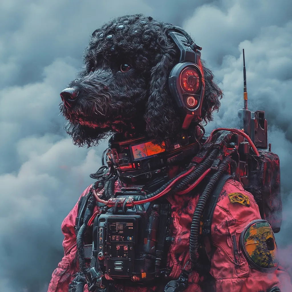 A black poodle, seemingly a cyborg, is depicted in a futuristic setting.  The dog wears a red, worn spacesuit with various technological attachments, including a headset, antenna, and multiple control panels.  The cloudy, smoky background enhances the dystopian or post-apocalyptic feel. The image is highly stylized and digitally rendered, with a focus on intricate details of the dog's technological augmentation.