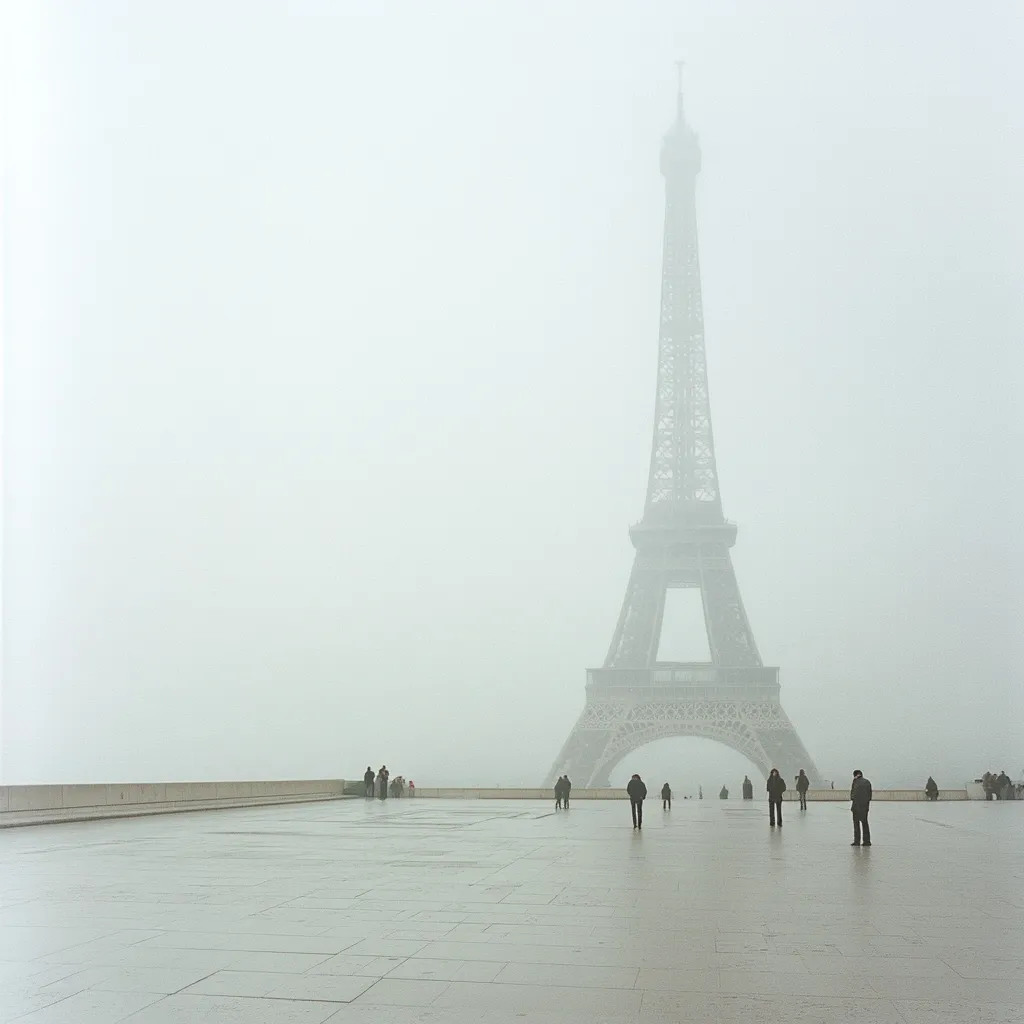 The Eiffel Tower is barely visible through a thick fog.  A few solitary figures walk across a vast, empty plaza in the foreground, their forms small and indistinct against the hazy backdrop.  The atmosphere is quiet and serene, emphasizing the monument's imposing yet ethereal presence in the misty Parisian air. The overall mood is one of muted mystery and peaceful solitude.