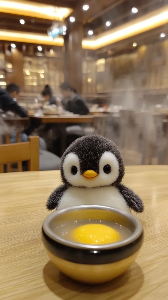 A cute penguin plush sits beside a small bowl containing a single, vibrant yolk in a light broth. The setting is a dimly lit restaurant, with blurred diners visible in the background.  The scene is peaceful and evokes a cozy, comforting atmosphere. The penguin appears to be observing the yolk.