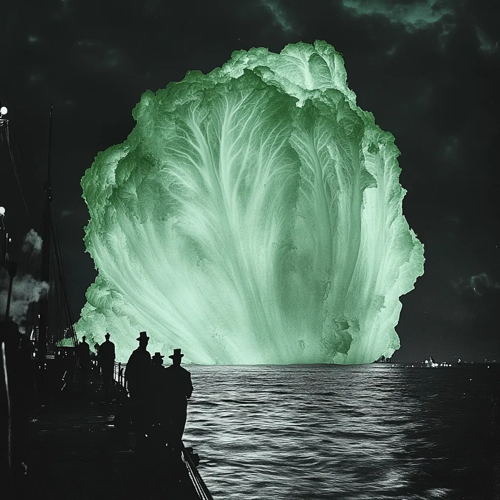 A surreal image depicts a colossal, luminous green iceberg, resembling a giant head of lettuce, rising from the sea at night.  Silhouetted figures on a ship, possibly sailors or passengers, observe the extraordinary phenomenon.  The dark water and night sky create a dramatic contrast to the otherworldly, glowing iceberg. The overall impression is one of awe and mystery.