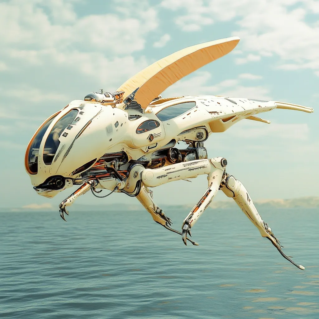 A futuristic, cream-colored drone, resembling a stylized insect, flies low over calm water.  Its design incorporates exposed mechanical elements and a large, single wing.  The drone's body is predominantly white with subtle weathering or discoloration, adding a sense of age or use.  The scene is serene, with a hazy sky providing a backdrop.