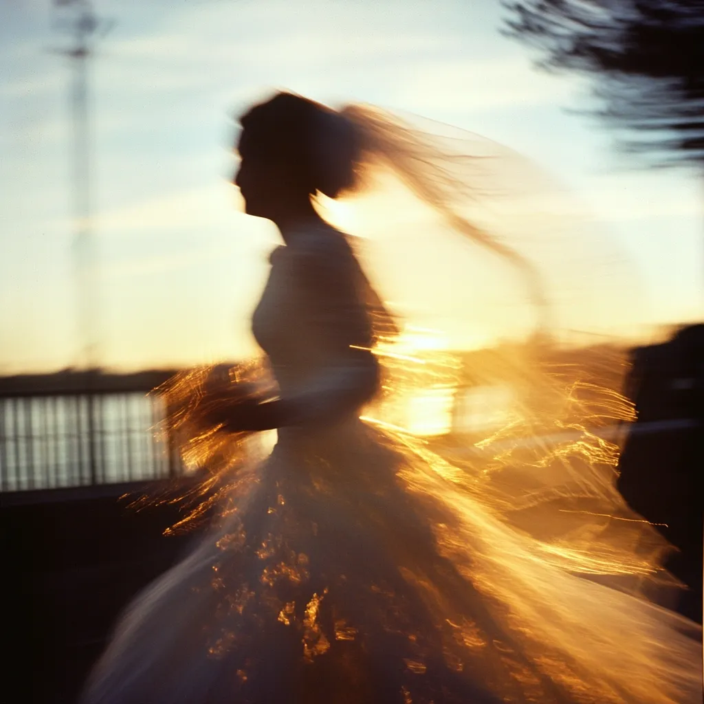 A blurred image captures a bride in a flowing white dress, her veil streaming behind her as she runs towards a setting sun.  The golden light bathes her figure, creating a dreamy, ethereal effect.  The background is out of focus, emphasizing the bride's motion and the radiant sunset.  The overall impression is one of joy, freedom, and fleeting time.