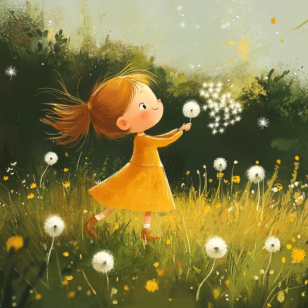 A cheerful little girl in a yellow dress stands in a field of dandelions.  Her hair flows behind her as she joyfully blows on a dandelion clock, scattering its seeds like sparkling stars. The scene is painted in a vibrant, whimsical style, evoking a sense of carefree childhood wonder and the beauty of nature.  Soft greens and yellows dominate the idyllic landscape.