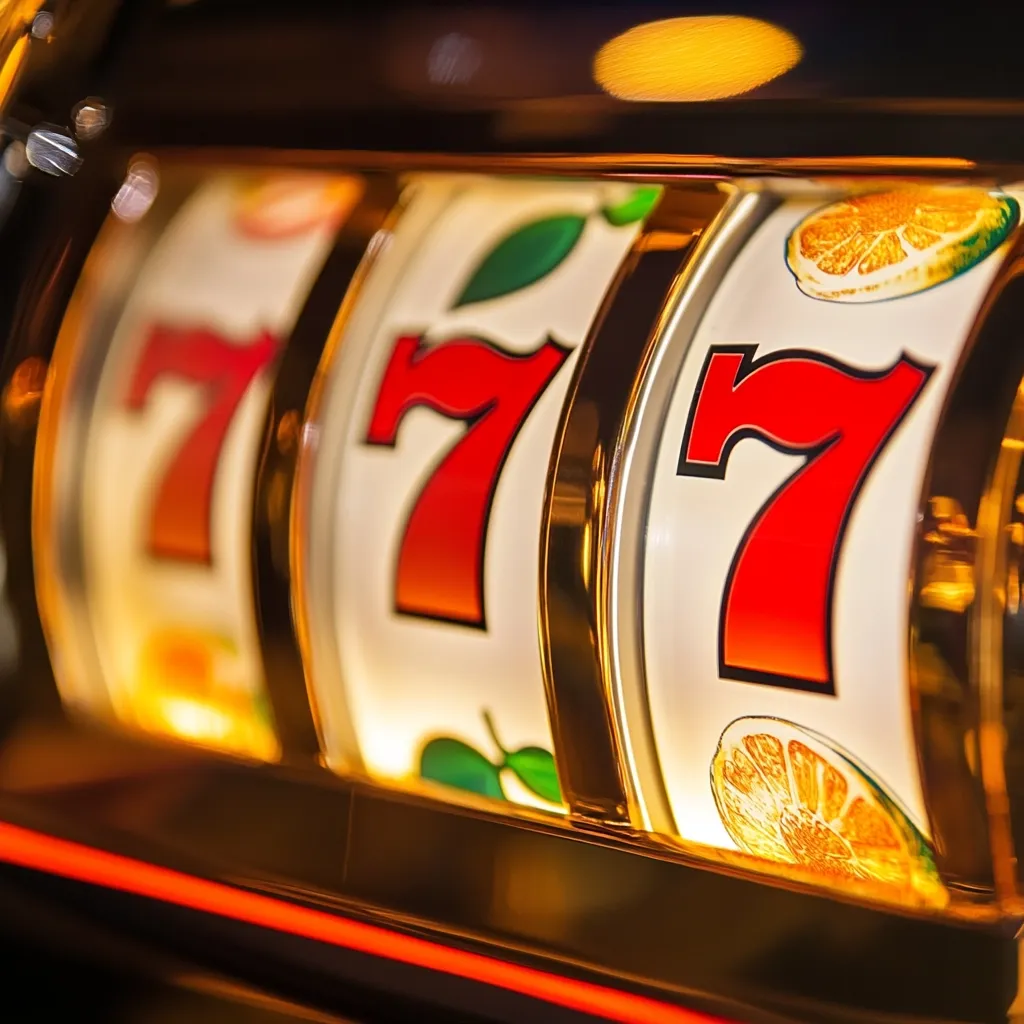 Close-up view of a slot machine's spinning reels.  Three sevens are prominently displayed, illuminated in bright red against a white background.  The reels also feature images of oranges and leaves, adding to the classic slot machine aesthetic. The golden frame and warm lighting create a vibrant and exciting atmosphere.  The image suggests a potential win.