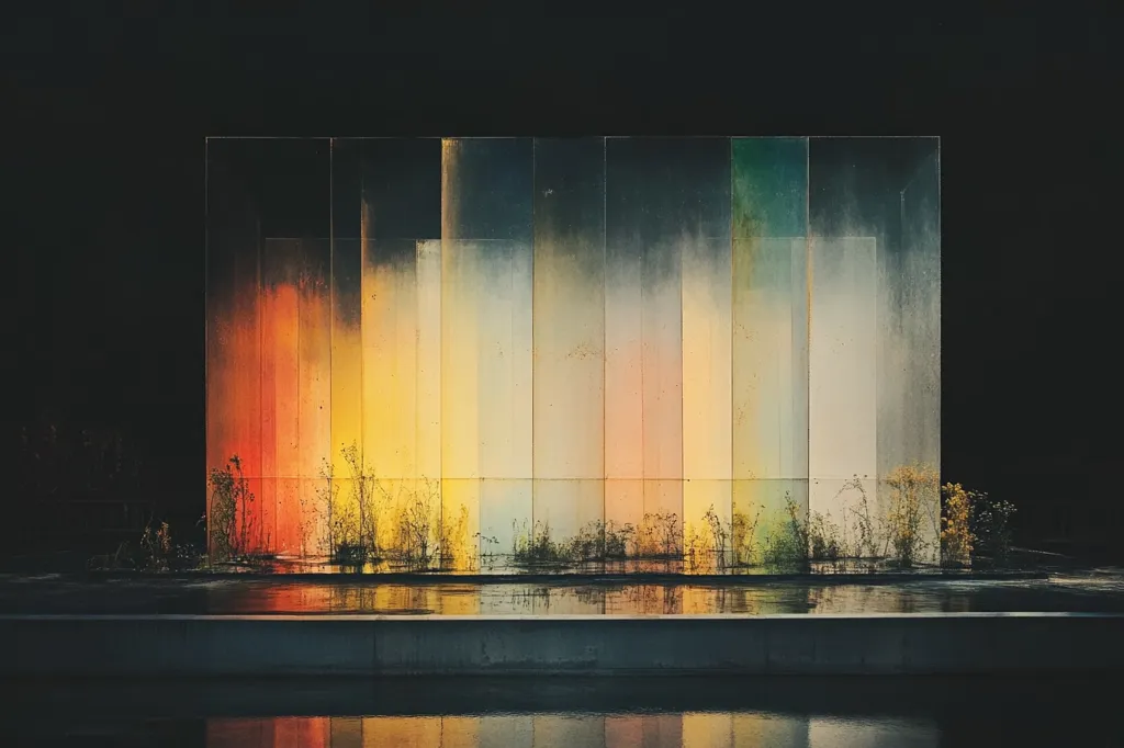 A large, colorful panel stands before a dark background.  The panel is composed of numerous vertical sections, each subtly varying in hue, creating a gradient effect from warm oranges and yellows to cooler blues and greens.  Sparse, dry vegetation grows at the base of the panel.  A wet, reflective surface stretches across the foreground, mirroring the panel's colors. The overall impression is one of serene, almost melancholic beauty.