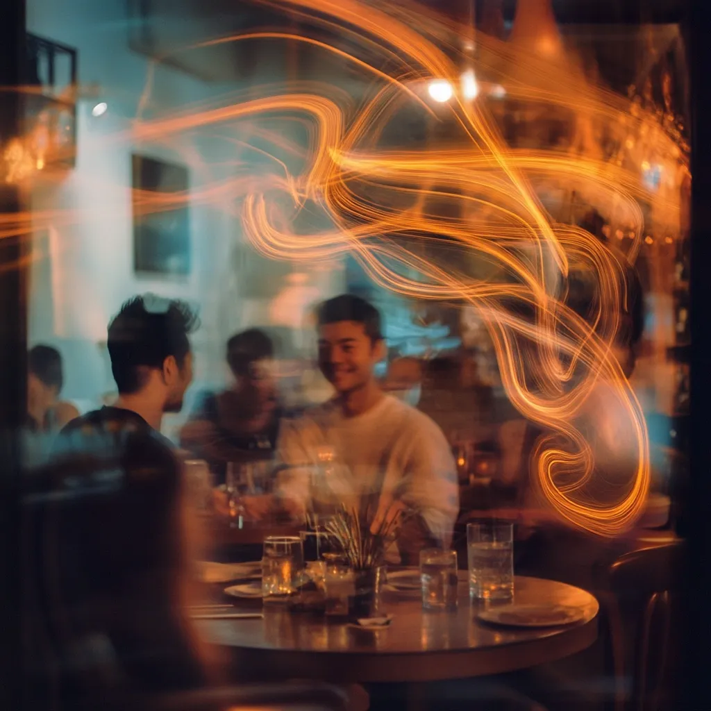 A blurry, artistic photo shows a group of friends dining at a dimly lit restaurant.  Warm, orange light streaks across the scene, creating a vibrant, almost ethereal effect. Two men sit prominently at the table, engaged in conversation.  Other individuals are visible in the background, their forms indistinct within the glowing streaks. The atmosphere is intimate and convivial, suggestive of a relaxed evening out.