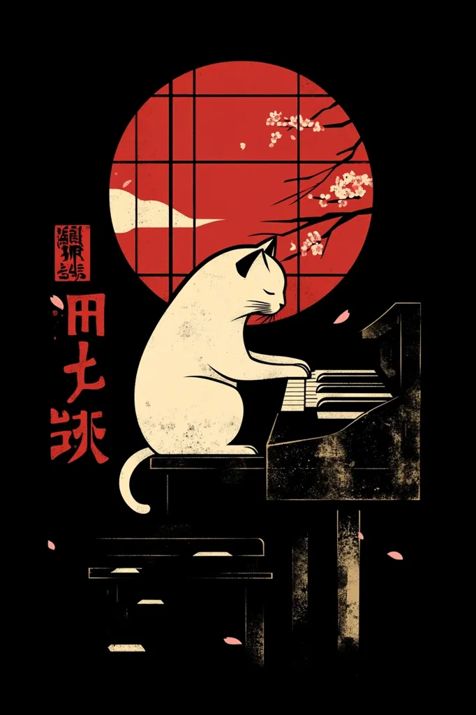 A cream-colored cat sits serenely at a vintage piano, its silhouette set against a large red sun.  Cherry blossoms gently fall around the instrument, adding to the tranquil Japanese-inspired aesthetic.  The scene is rendered in a minimalist style with stark black and red tones, creating a sense of calm and artistic sophistication.  Japanese characters flank the cat, enhancing the cultural theme.