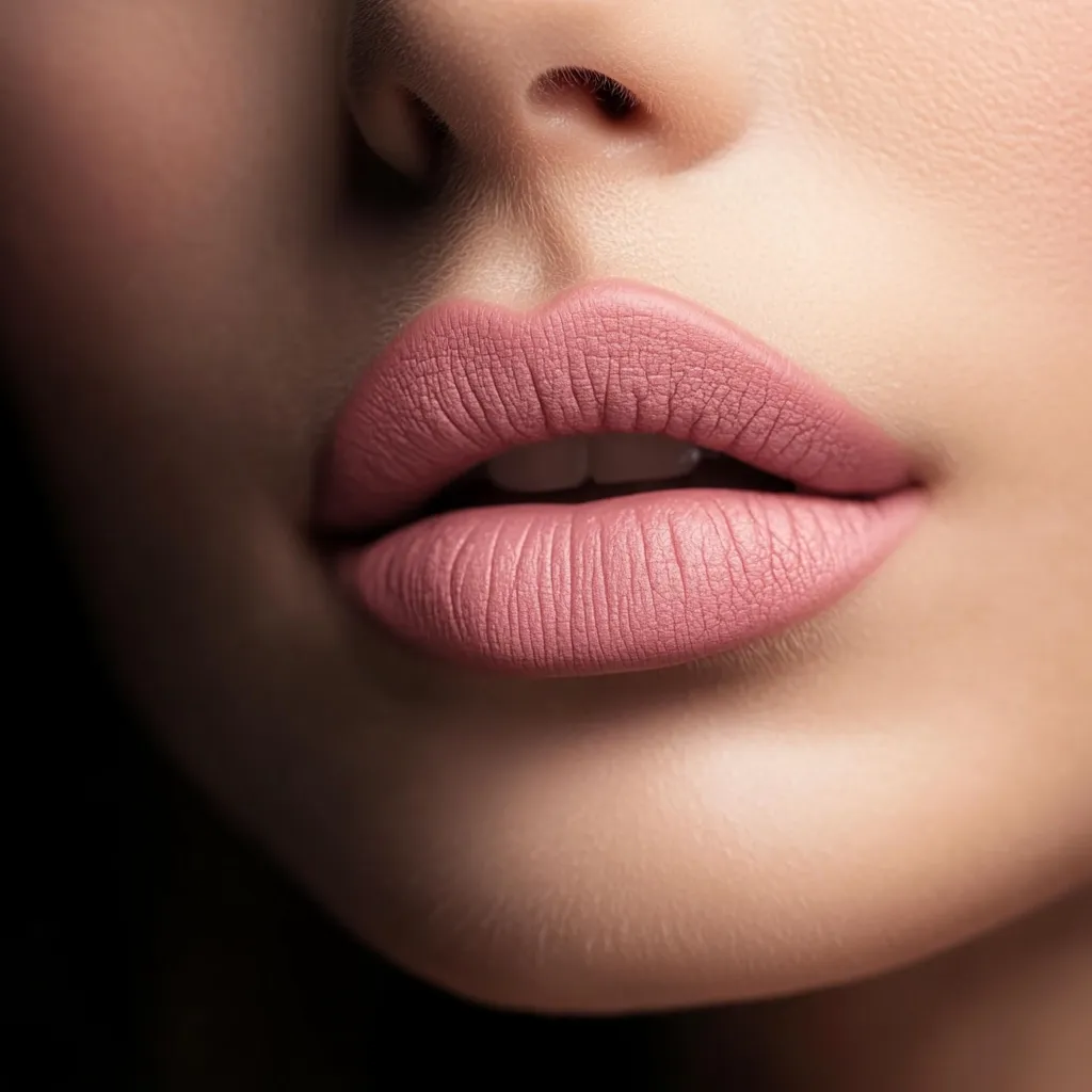 Close-up of a woman's mouth showcasing perfectly applied matte lipstick in a soft, muted pink shade.  The lips are full and smooth, with a subtle highlight emphasizing their natural shape.  The skin is flawlessly smooth and the overall effect is one of understated elegance and beauty.
